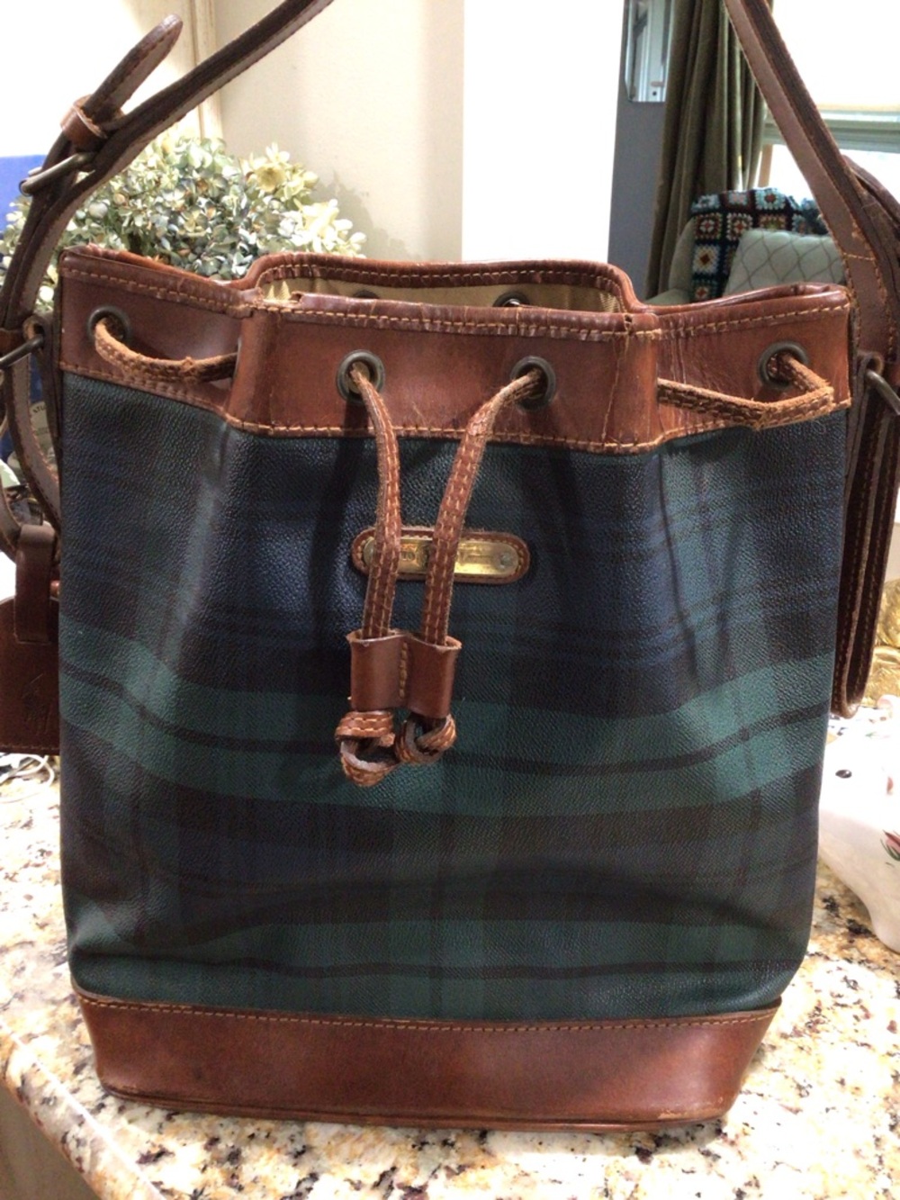Vintage Ralph Lauren Black Watch Plaid Leather Bucket Draw String